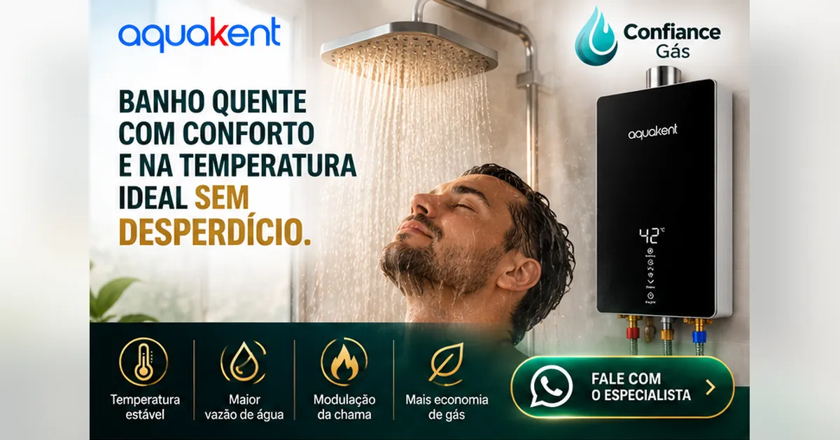 Aquecedor a gás digital Aquakent com display touch screen ao lado do chuveiro, banho quente na temperatura ideal