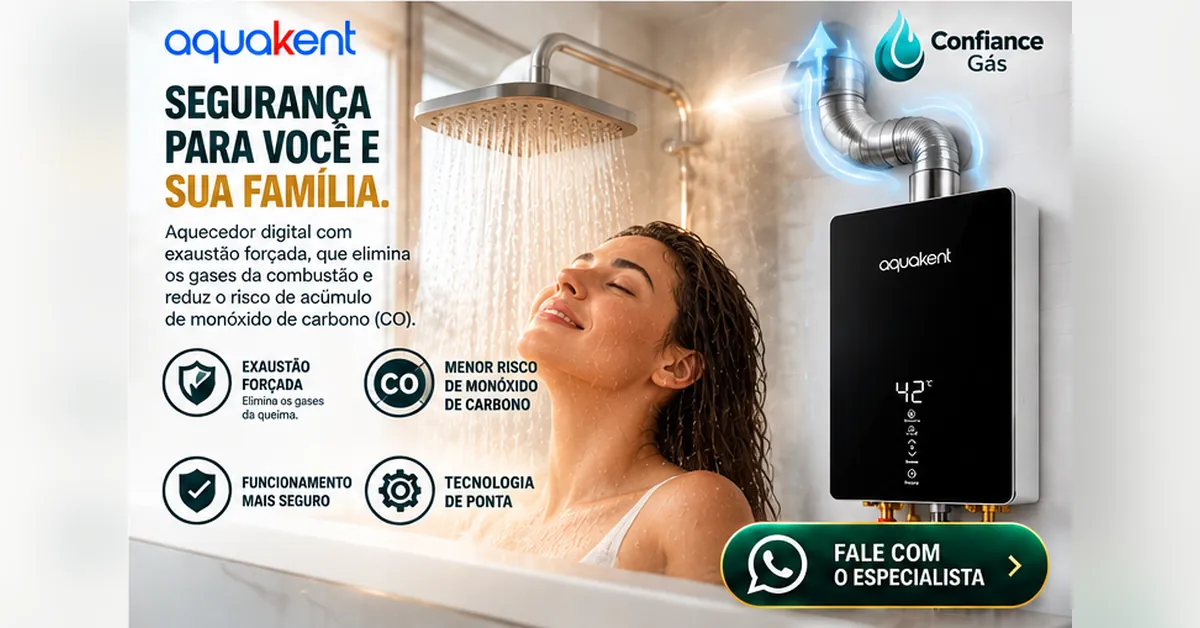 Aquecedor a gás Aquakent com exaustão forçada, que leva os gases da queima para fora do banheiro
