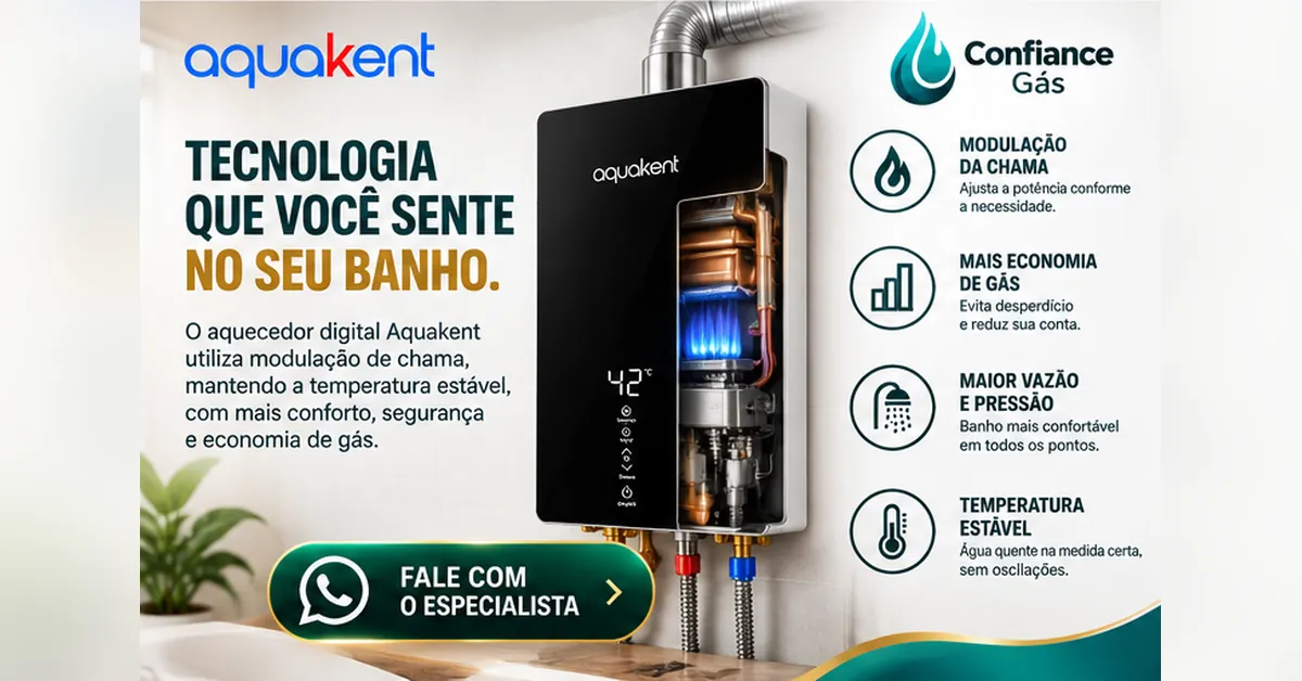 Aquecedor a gás Aquakent digital com display touch screen e temperatura exata